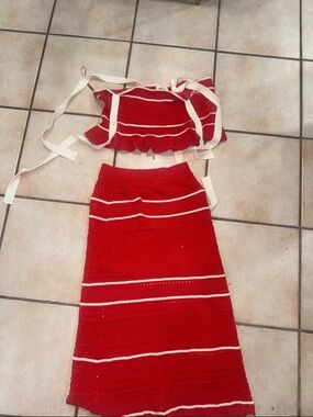 Red Two-Piece Knit Crop Top & Maxi Skirt Set with Cream Stripes
